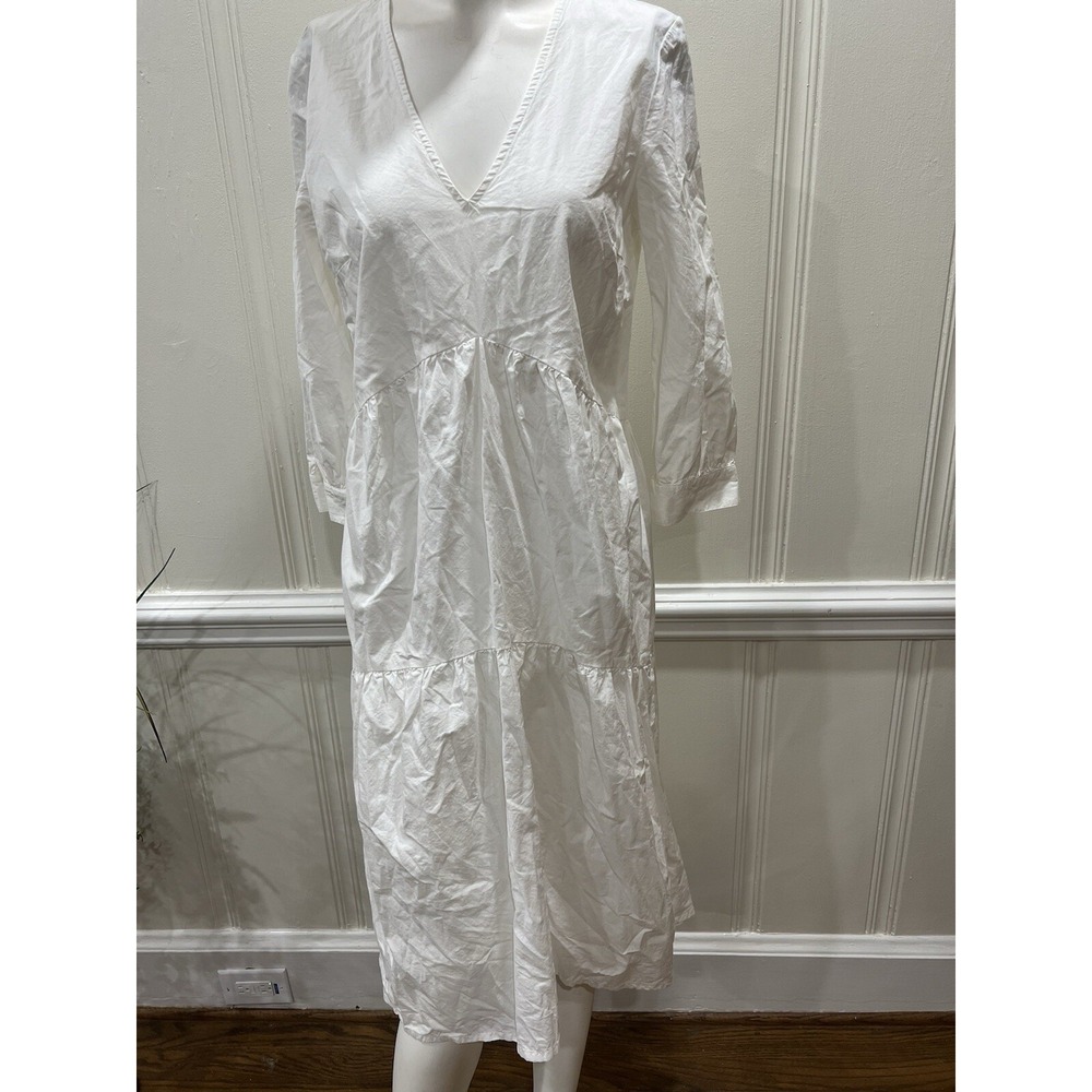 YAS Rhadika white cotton v neck tiered and ruffled 3/4 sleeve midi dress Size S